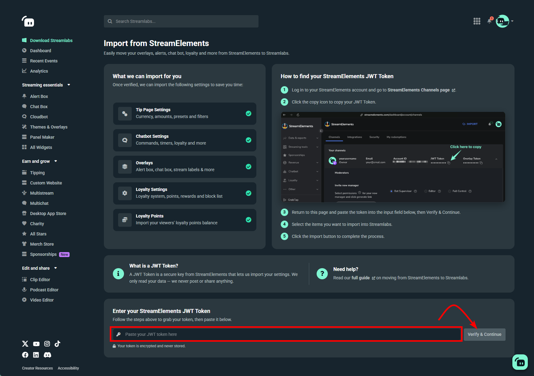 where to put jwt token in streamlabs to fetch streamelements settings